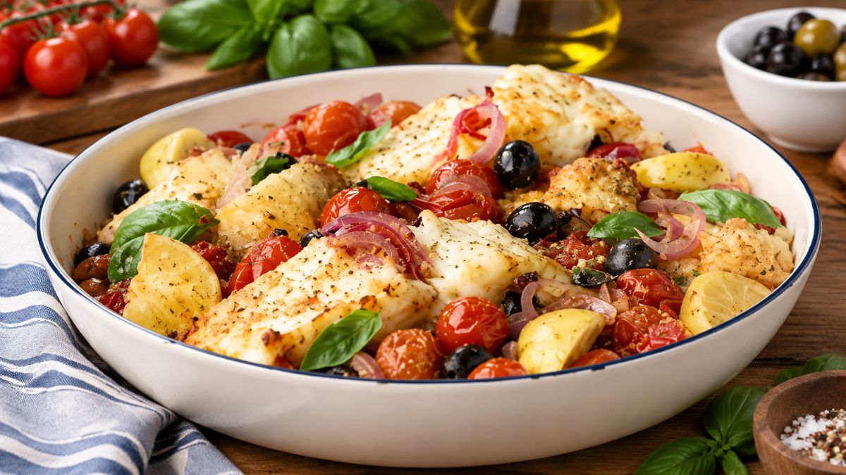 Uma taça de cerâmica branca com lombos de bacalhau assados, tomates cherry e azeitonas pretas.