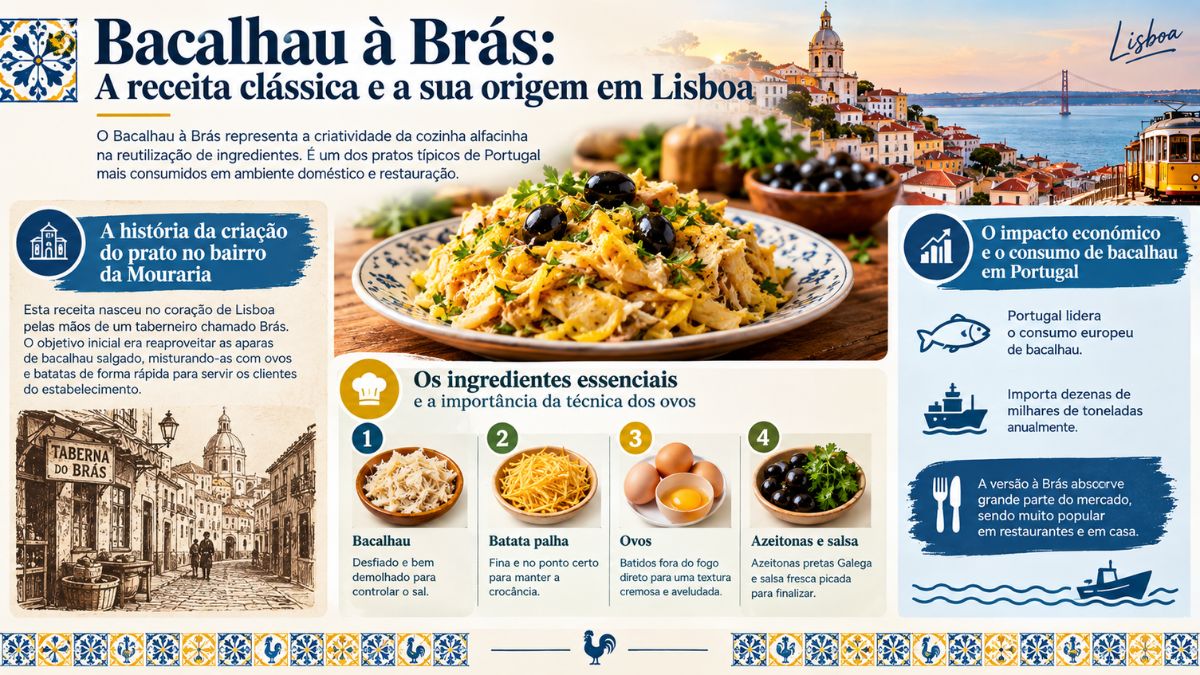 Infográfico do Bacalhau à Brás em Lisboa com os ingredientes essenciais como bacalhau desfiado, batata palha, ovos, azeitonas e salsa fresca.