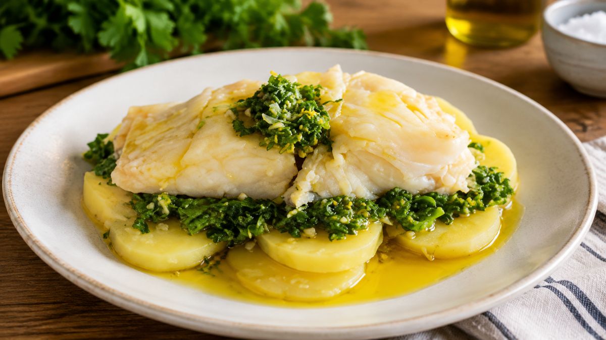 Posta suculenta de bacalhau cozido servida sobre uma cama de rodelas de batata e nabiças salteadas com alho e azeite virgem extra em prato cerâmico.