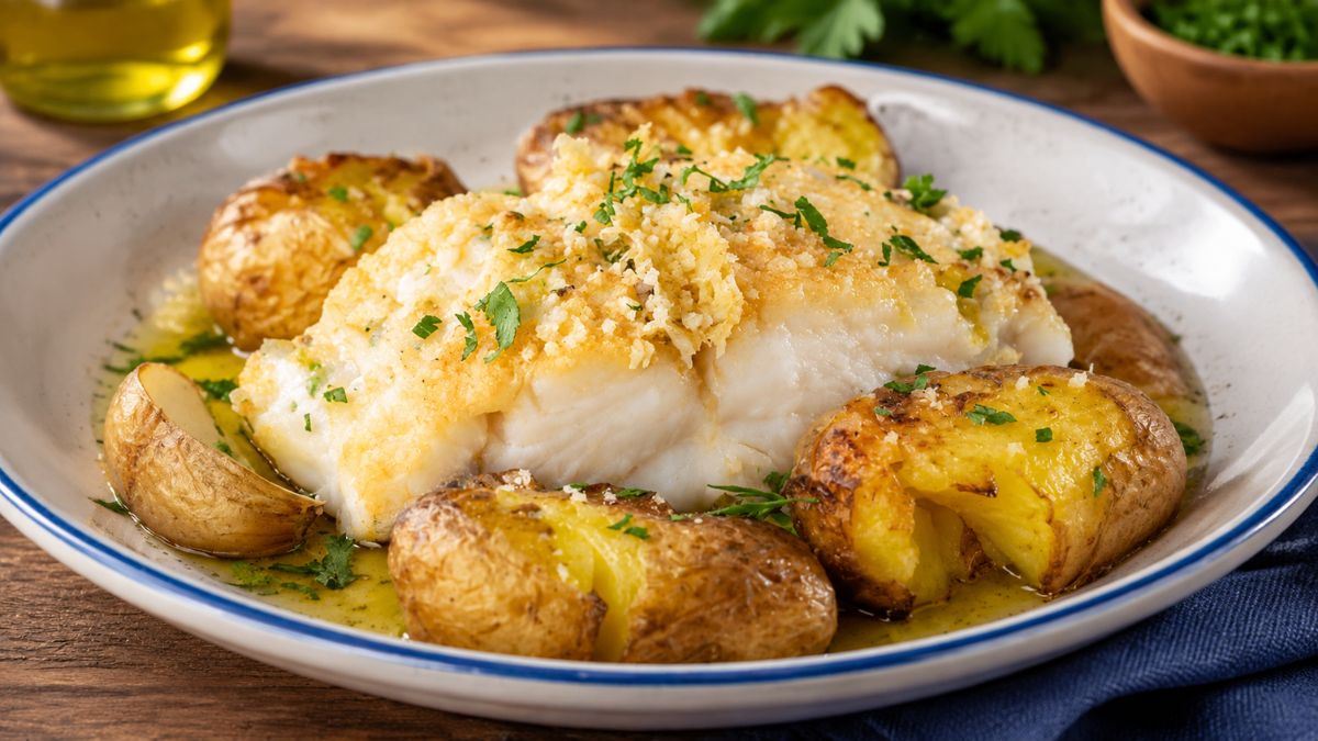 Prato com posta de bacalhau suculenta coberta por crosta de broa dourada, rodeada por batatas a murro assadas e azeite, sobre mesa de madeira.