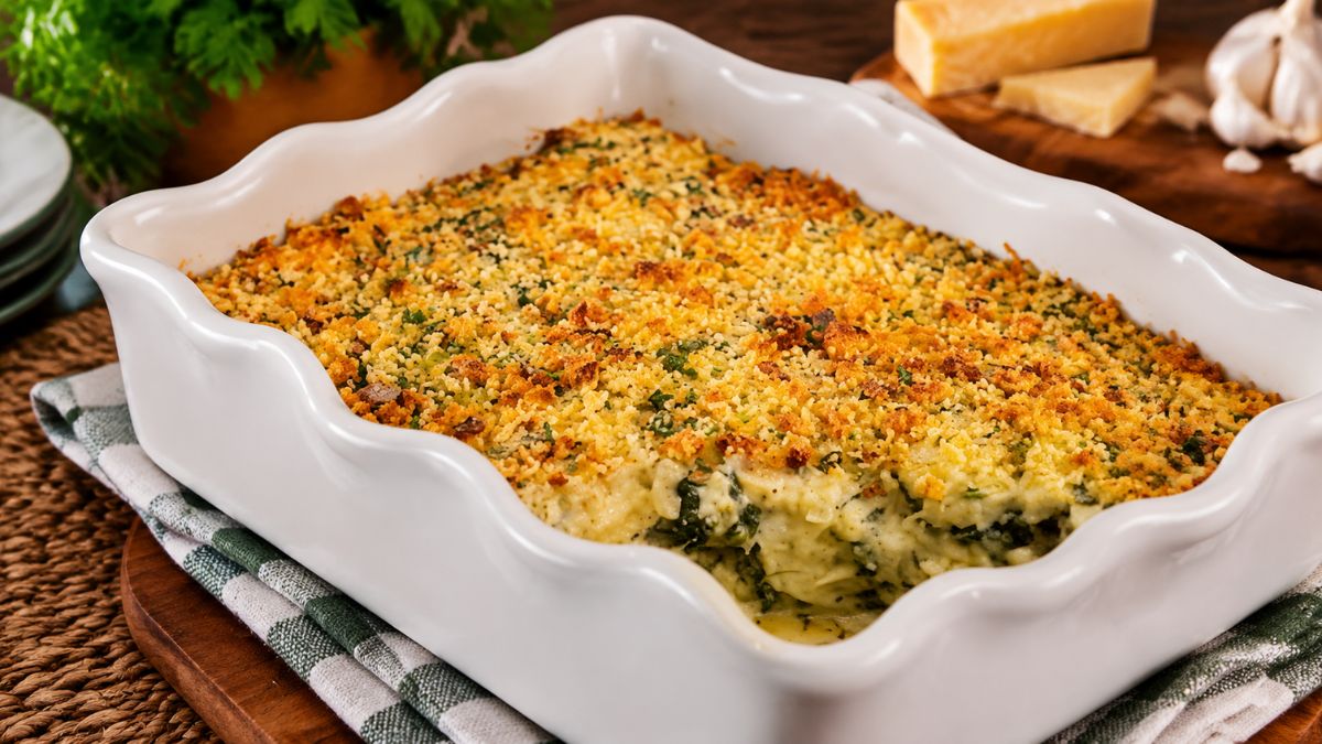 Bacalhau com espinafres e batatas numa travessa branca de ir ao forno com cobertura gratinada e crocante de queijo e ervas.