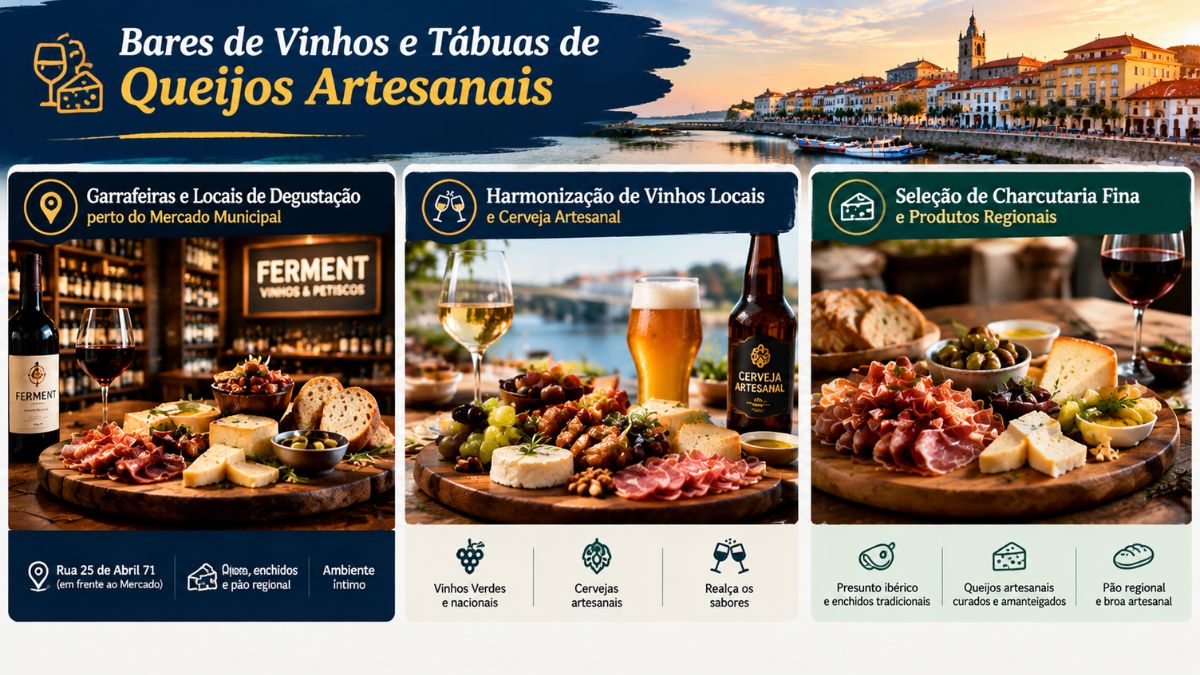Infográfico com opções de bares de vinhos e tábuas de queijos em Vila do Conde, destacando o Ferment em frente ao Mercado Municipal, harmonizações com vinho verde e cerveja artesanal, e seleção de charcutaria fina.