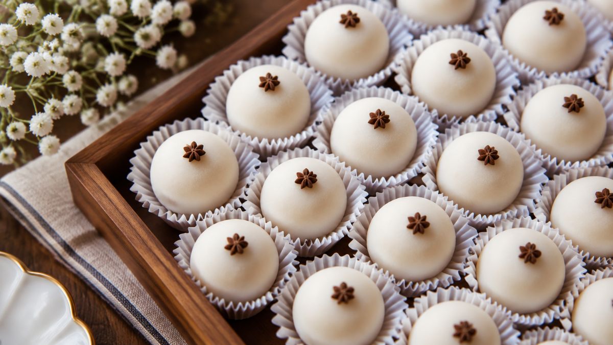Doce conventual Beijos de Freira brancos dispostos em forminhas de papel numa bandeja de madeira decorada com cravos-da-índia.