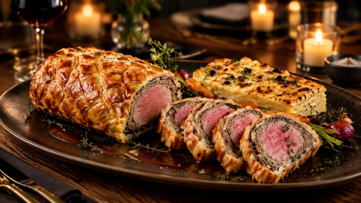 Um prato de cerâmica preta contém um Bife Wellington fatiado, revelando o lombo de carne malpassado. Acompanha esparregado de espinafres, cenouras caramelizadas, e um gratinado de batata dourado. Taças de vinho e velas acesas ao fundo.