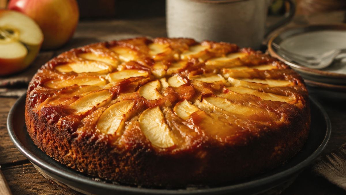 Visão aproximada de um bolo invertido de maçã e aveia acabado de fazer, com fatias de maçã caramelizadas dispostas em espiral na parte superior. O bolo está num prato escuro sobre uma mesa de madeira rústica, com maçãs frescas e loiça desfocadas ao fundo.