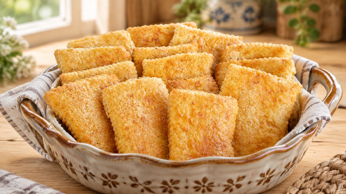 Um tabuleiro de cerâmica decorado, cheio de biscoitos retangulares dourados chamados Borrachões da Idanha, polvilhados com açúcar e canela. O tabuleiro está sobre uma mesa de madeira, ao lado de um pano de xadrez e uma janela ao fundo.
