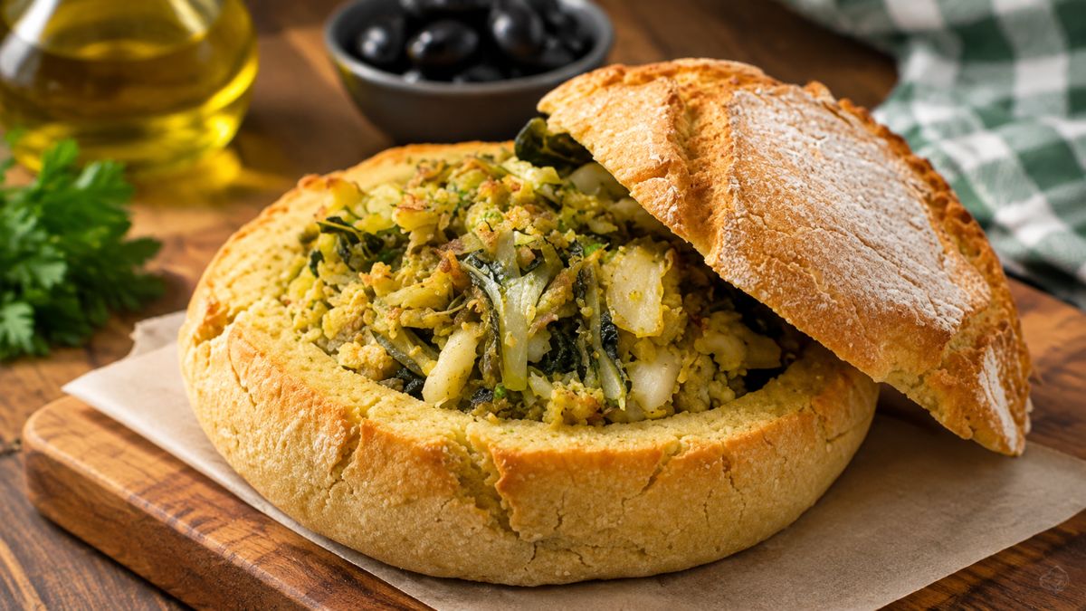 Uma broa de milho rústica artesanal e dourada, cortada na horizontal e recheada com uma mistura suculenta de bacalhau desfiado, grelos verdes e broa esfarelada, disposta sobre papel vegetal e uma tábua de madeira numa mesa de cozinha.