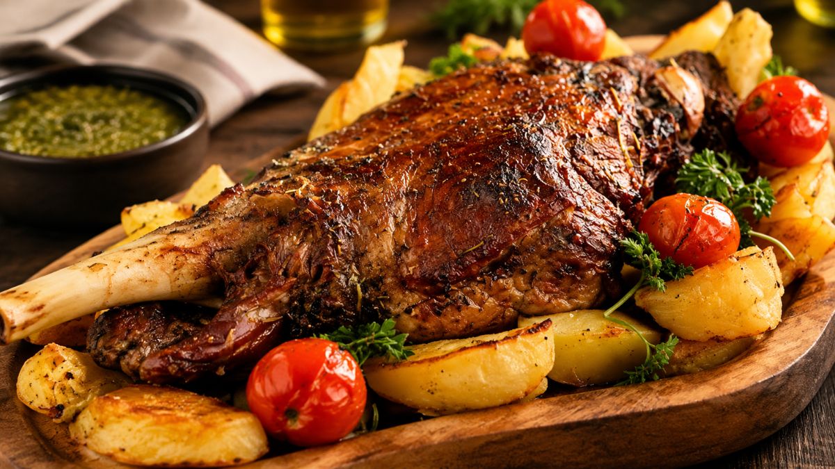 Perna de cabrito assado dourada numa travessa de madeira com batatas e tomates cherry grelhados, acompanhado por molho verde de ervas.