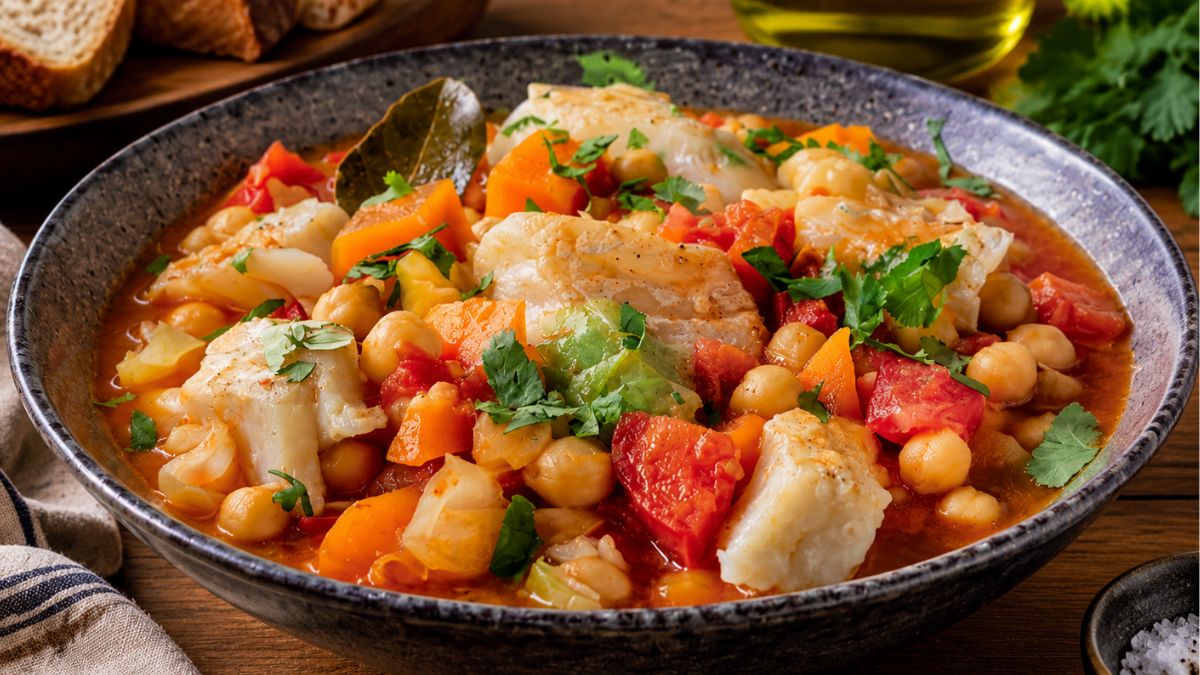 Prato fundo com caldeirada de bacalhau em lascas, grão-de-bico, cubos de tomate, abóbora e coentros frescos num caldo rico.