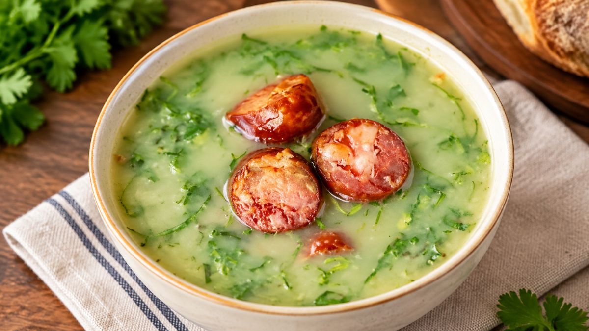 Tigela de caldo verde sem batata com creme aveludado de curgete, couve cortada finamente e rodelas de chouriço por cima.