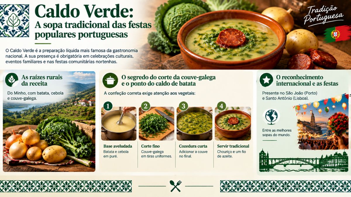 Infográfico sobre o Caldo Verde português destacando a couve-galega em tiras finas, o puré de batata, o chouriço e o azeite.