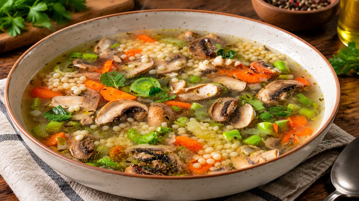 Uma taça de sopa de vegetais e cogumelos, com espargos verdes picados, fatias de cogumelos, cenouras, cebolas e bolinhas de cuscuz em um caldo claro, guarnecida com salsa fresca. A taça de cerâmica está sobre um guardanapo de linho e uma mesa de madeira rústica, com ingredientes ao fundo.