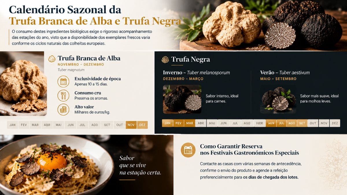 Infográfico explicativo sobre o Calendário Sazonal da Trufa Branca de Alba e Trufa Negra detalhando as épocas de colheita e dicas de reserva nos festivais gastronómicos.