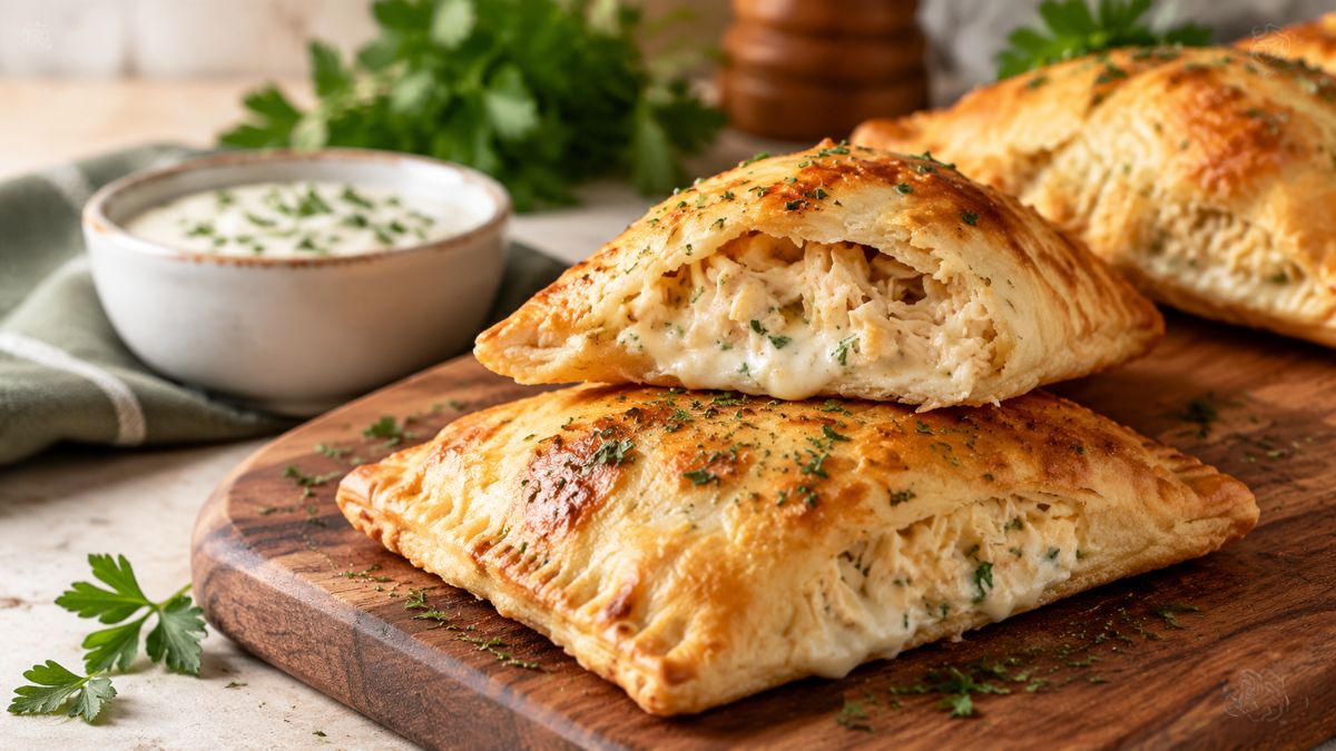 Uma vista de perto de dois calzones de frango cremoso assado, dourados e estaladiços, empilhados sobre uma tábua de madeira rústica, polvilhados com salsa picada e um recheio de frango e queijo derretido visível através de um corte no topo. Ao fundo, uma tigela de molho branco de iogurte e ramos de salsa fresca.