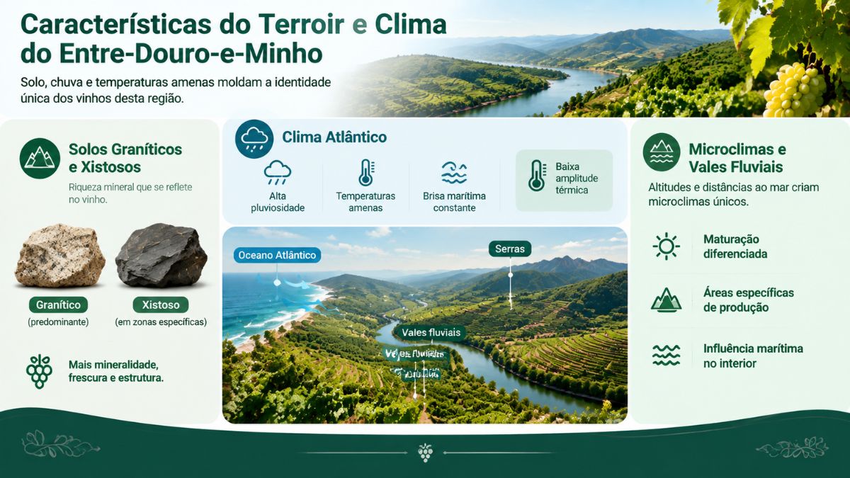 Infográfico explicativo sobre o terroir, solos graníticos, clima atlântico e microclimas da região vitícola do Entre-Douro-e-Minho.