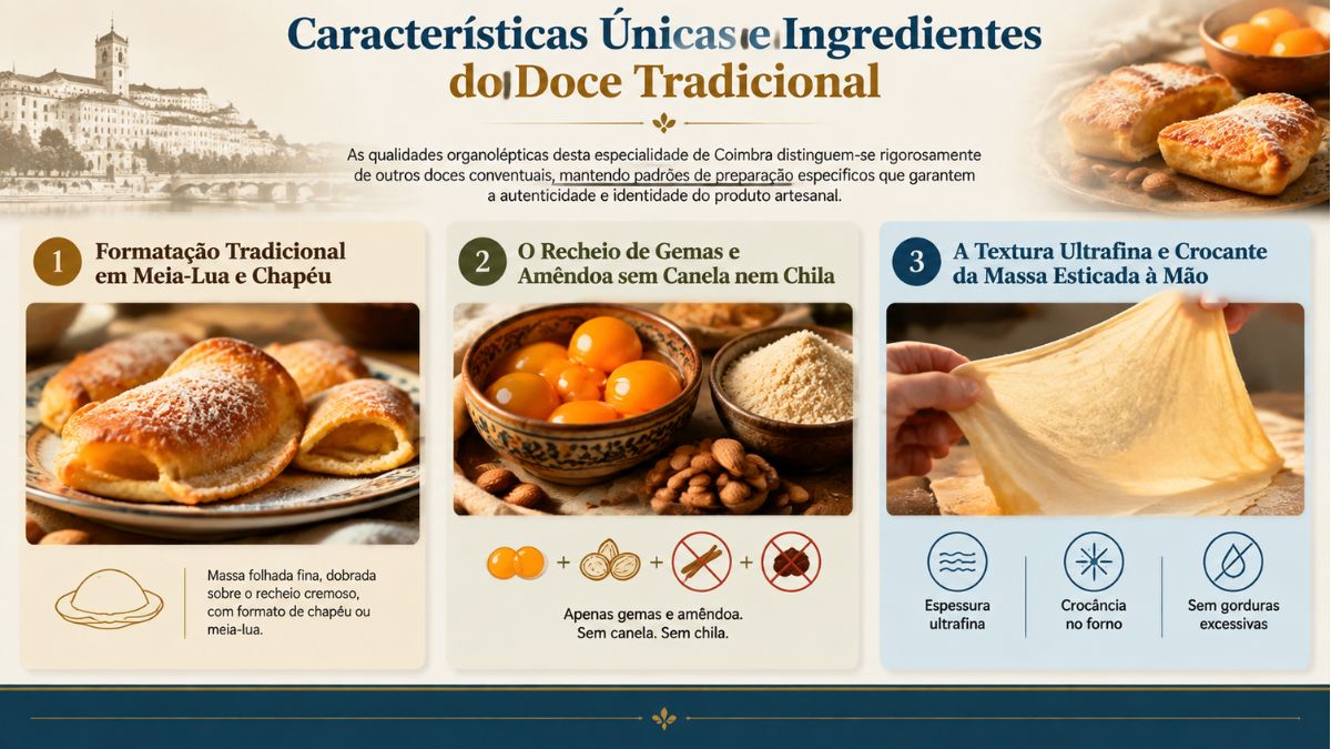 Infográfico sobre características e ingredientes dos pastéis de Santa Clara com detalhes de formato, recheio e massa artesanal.