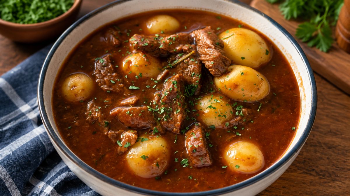 Uma tigela de cerâmica rústica cheia de carne de vaca estufada, com cubos de carne tenros e batatas primor inteiras, num molho rico e denso de vinho tinto, polvilhada com salsa fresca picada. O prato está sobre uma mesa de madeira, com um pano xadrez azul e branco por baixo, e tigelas de salsa e coentros ao fundo.
