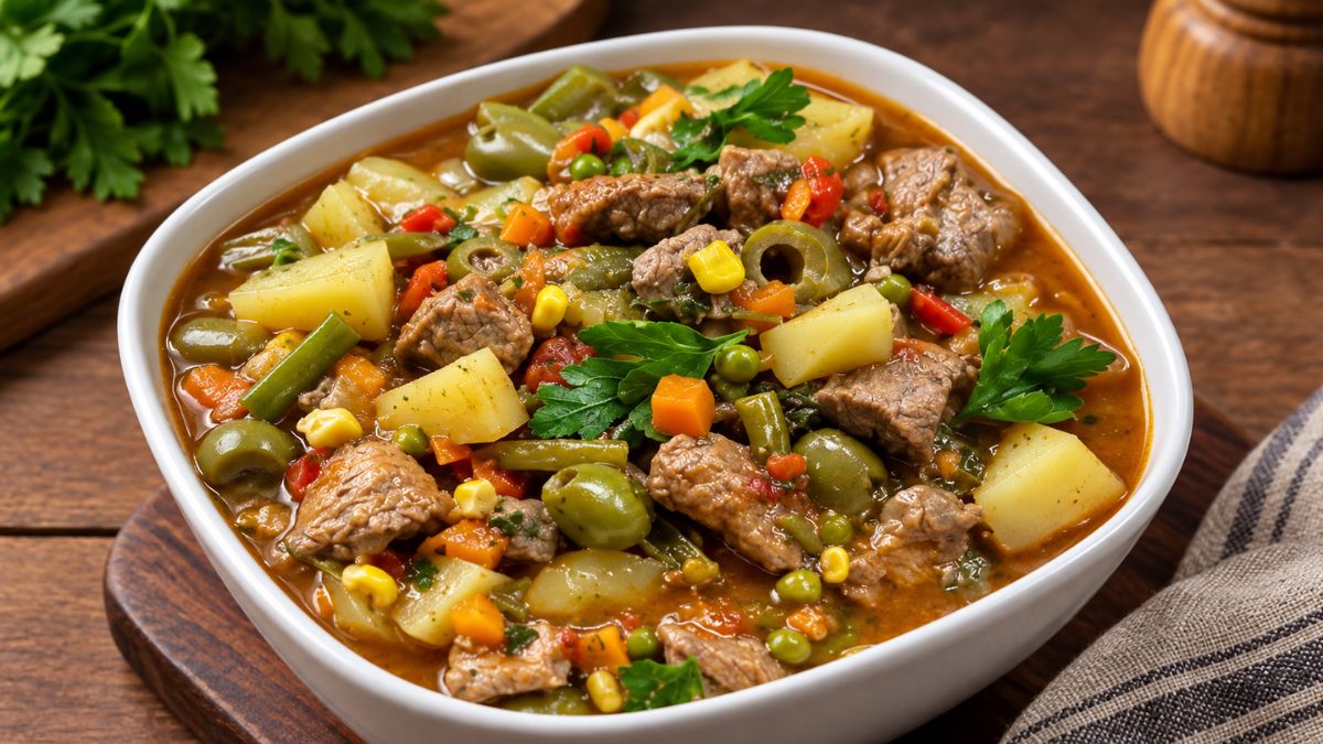 Prato fundo com carne de porco à jardineira, destacando rojões estufados com batatas, ervilhas, cenouras, feijão-verde e coentros num molho rico.