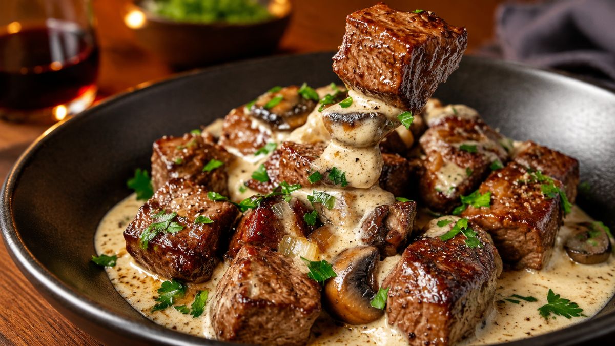 Um prato rústico em uma mesa de madeira apresenta cubos de carne bovina dourados misturados com cogumelos fatiados e cebolas, tudo envolto em um rico molho cremoso branco. Uma única peca de carne está sendo levantada por um garfo, pingando molho. O prato é finalizado com salsa fresca picada e pimenta preta moída.