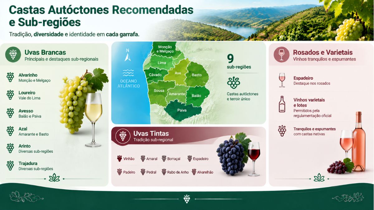 Infográfico com lista de castas autóctones brancas e tintas e mapa das sub regiões da Região Demarcada do Vinho Verde.