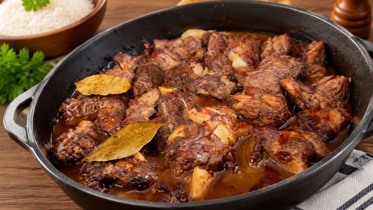 Suculenta chanfana tradicional de cabrito assada lentamente em vinho tinto com folhas de louro e especiarias em recipiente rústico.