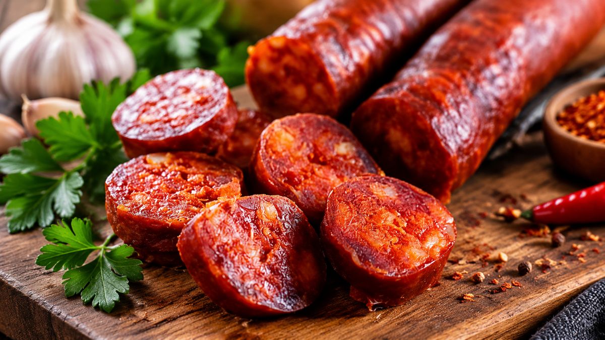 Fotografia em grande plano de chouriço fumado fatiado numa tábua de madeira rústica, com alho fresco, salsa e flocos de pimenta chili vermelha em fundo desfocado.