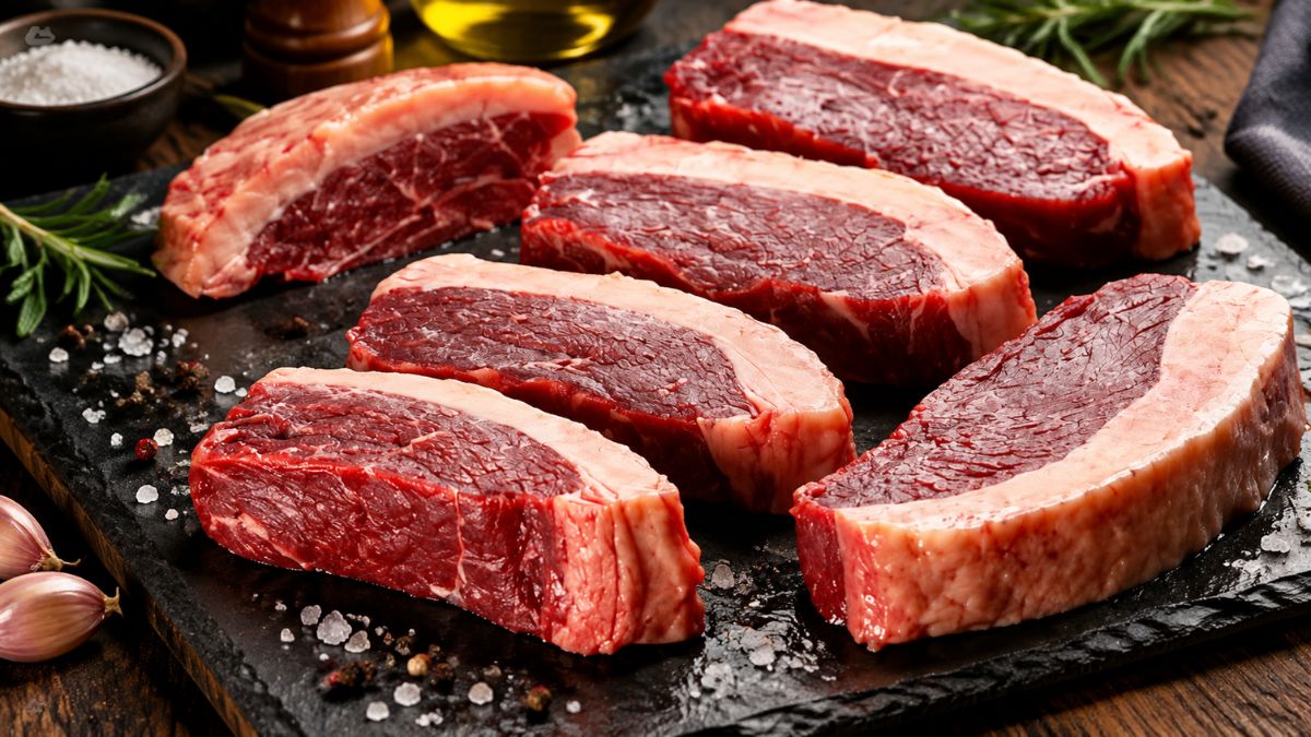 Bifes altos de picanha crua com camada de gordura dispostos sobre uma tábua de pedra escura com sal grosso e especiarias.