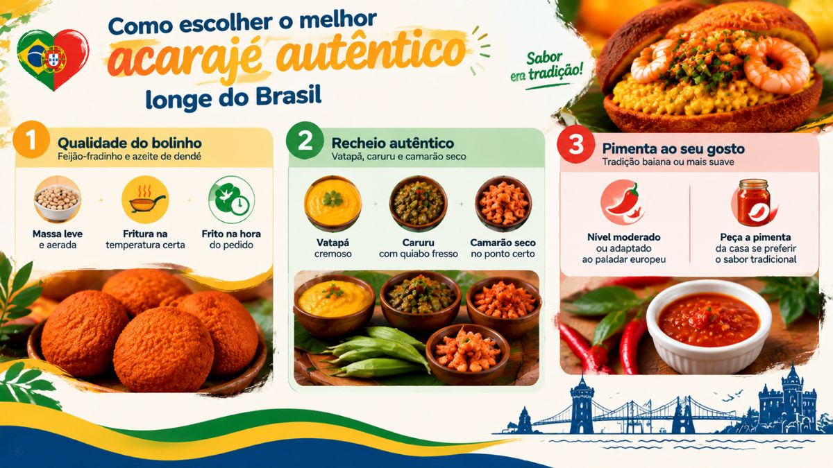 Infográfico explicativo com critérios para escolher acarajé autêntico em Portugal mostrando o bolinho de feijão-fradinho, vatapá, caruru, camarão seco e molho de pimenta.