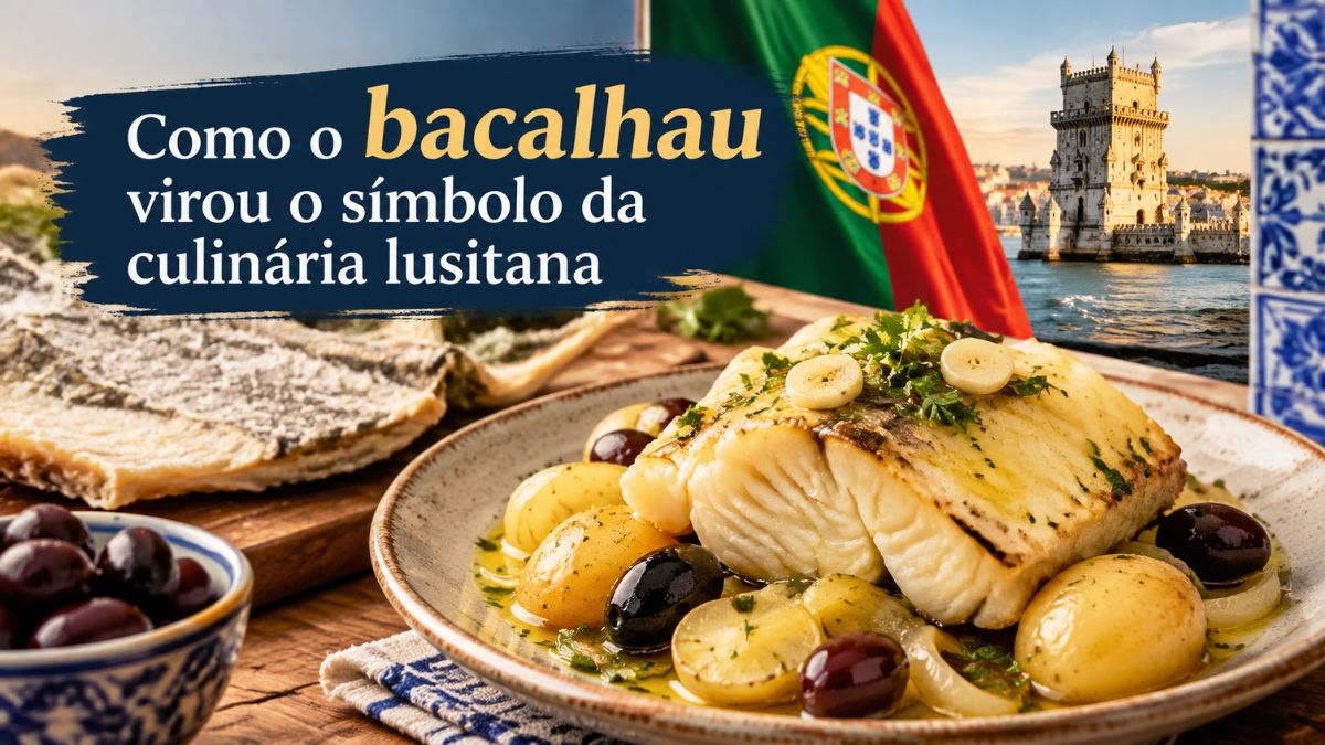 Prato com posta de bacalhau cozido, batatas, azeitonas e azeite, acompanhado por bacalhau seco, a bandeira de Portugal e a Torre de Belém.