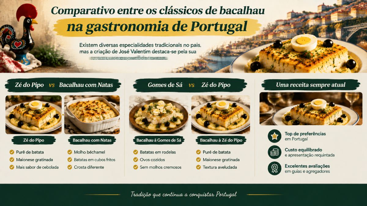 Infografia comparativa entre bacalhau à Zé do Pipo, bacalhau com natas e bacalhau à Gomes de Sá com detalhes dos ingredientes.