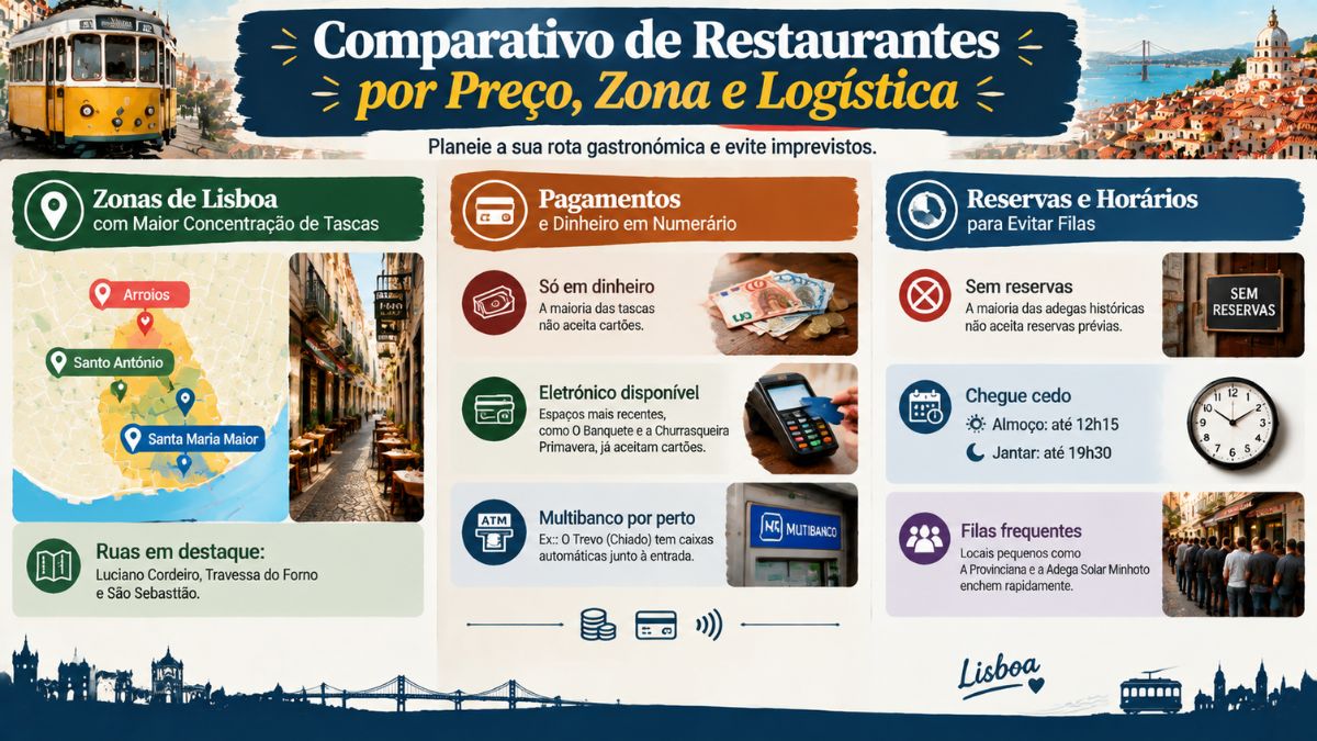 Infográfico comparativo sobre onde comer bitoque em Lisboa detalhando zonas com maior concentração de tascas, formas de pagamento e horários.