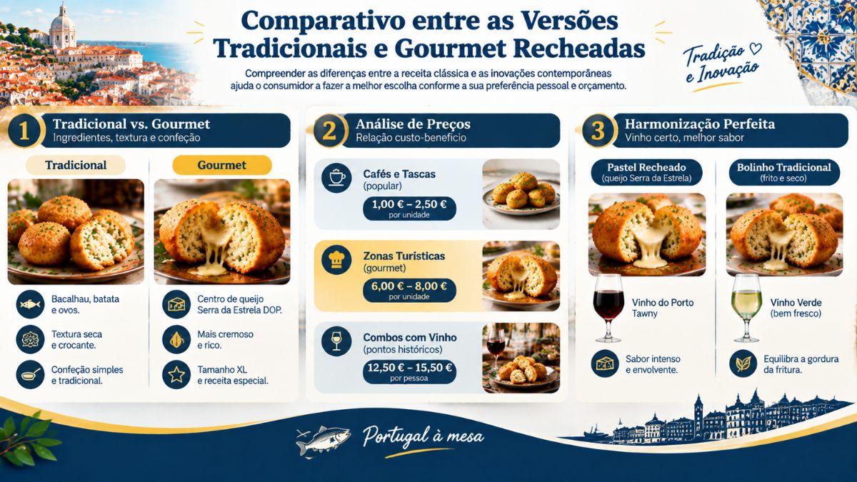 Infográfico comparativo sobre o bolinho de bacalhau tradicional e gourmet recheado, com preços, ingredientes e harmonização de vinhos em Portugal.