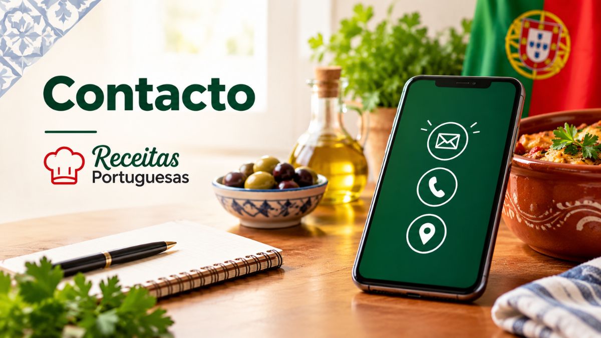 Smartphone exibindo ícones de contacto e mensagem ao lado do logótipo do portal Receitas Portuguesas com a bandeira de Portugal e prato típico ao fundo.