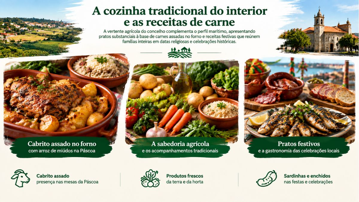 Infográfico da cozinha tradicional do interior de Vila do Conde com três imagens destacando o cabrito assado no forno com arroz de miúdos, os produtos agrícolas frescos e os pratos festivos com sardinhas e enchidos.