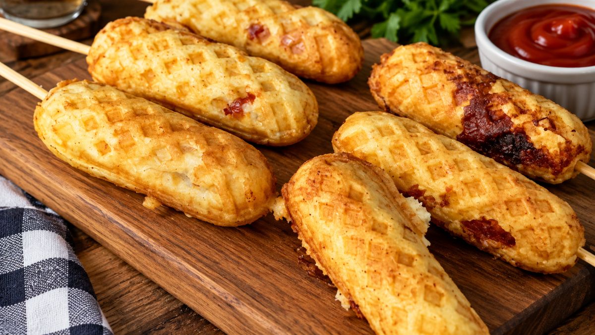 Vários crepes suíços dourados no espeto com textura quadriculada, dispostos sobre uma tábua de madeira rustica com um molho de tomate ao lado.