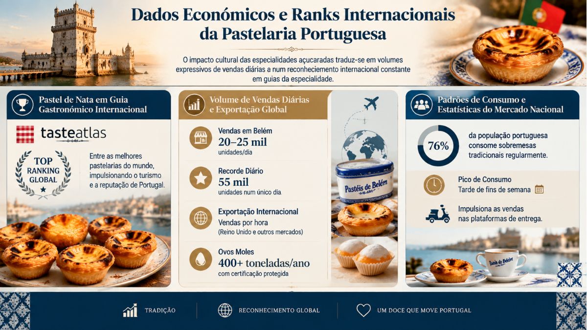Infográfico com dados económicos e posições em rankings internacionais da pastelaria portuguesa destacando volume de vendas e consumo de pastel de nata.