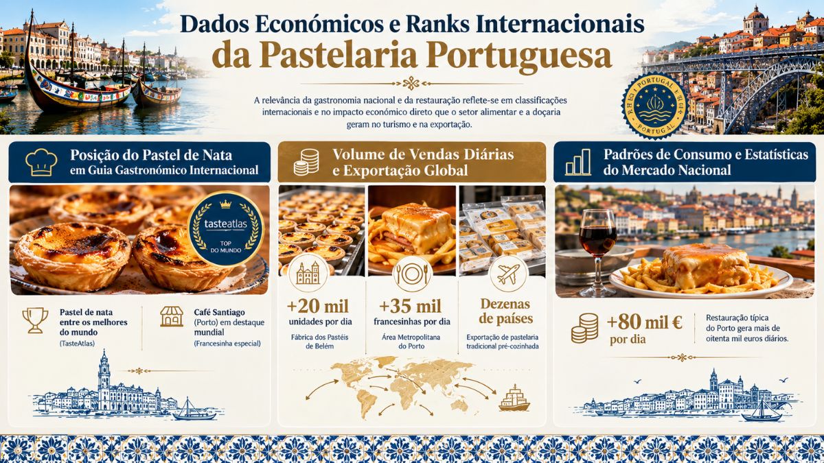 Infográfico informativo sobre dados económicos e ranks internacionais da pastelaria portuguesa, destacando o TasteAtlas, vendas do pastel de nata e consumo da francesinha no Porto.