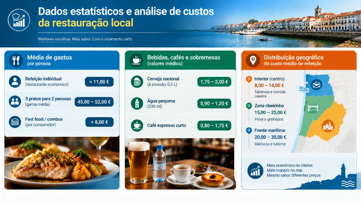 Infográfico explicativo com dados estatísticos e análise de custos da restauração local e refeições em Vila do Conde.