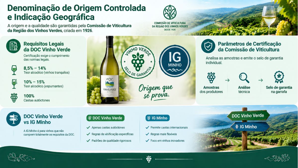Infográfico com regras da DOC Vinho Verde e comparação entre a certificação de origem e a Indicação Geográfica Minho.