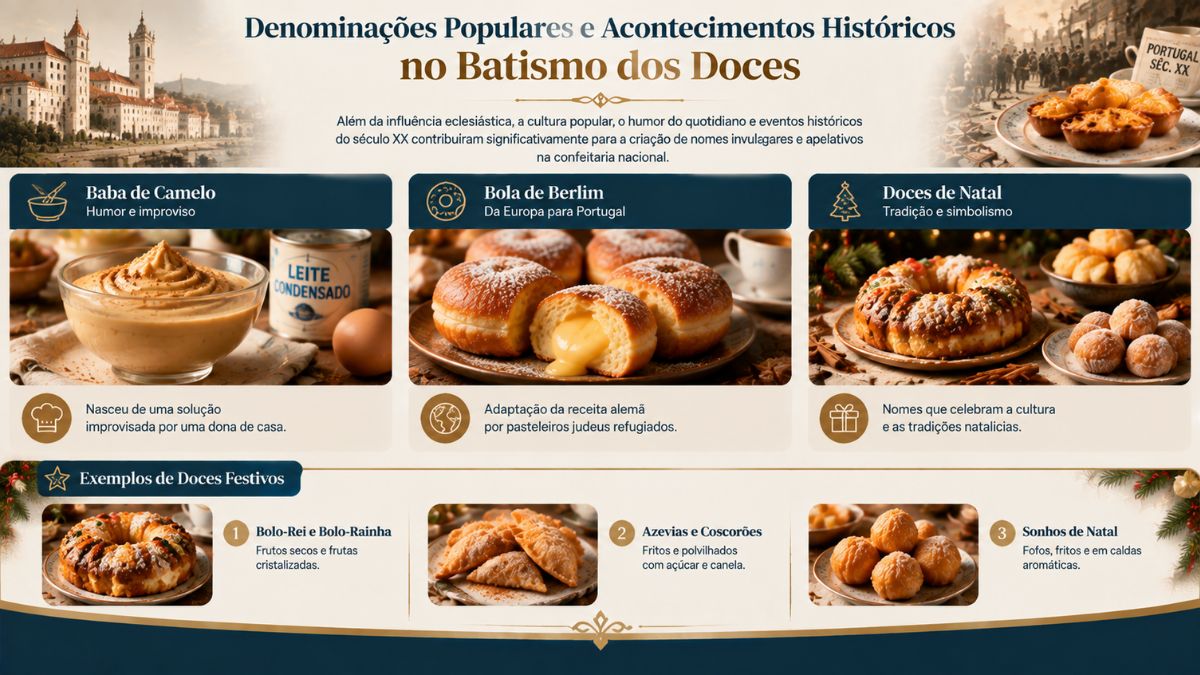Infográfico sobre a origem dos nomes populares dos doces portugueses, incluindo Baba de Camelo, Bola de Berlim, Bolo-Rei, Azevias, Coscorões e Sonhos de Natal.