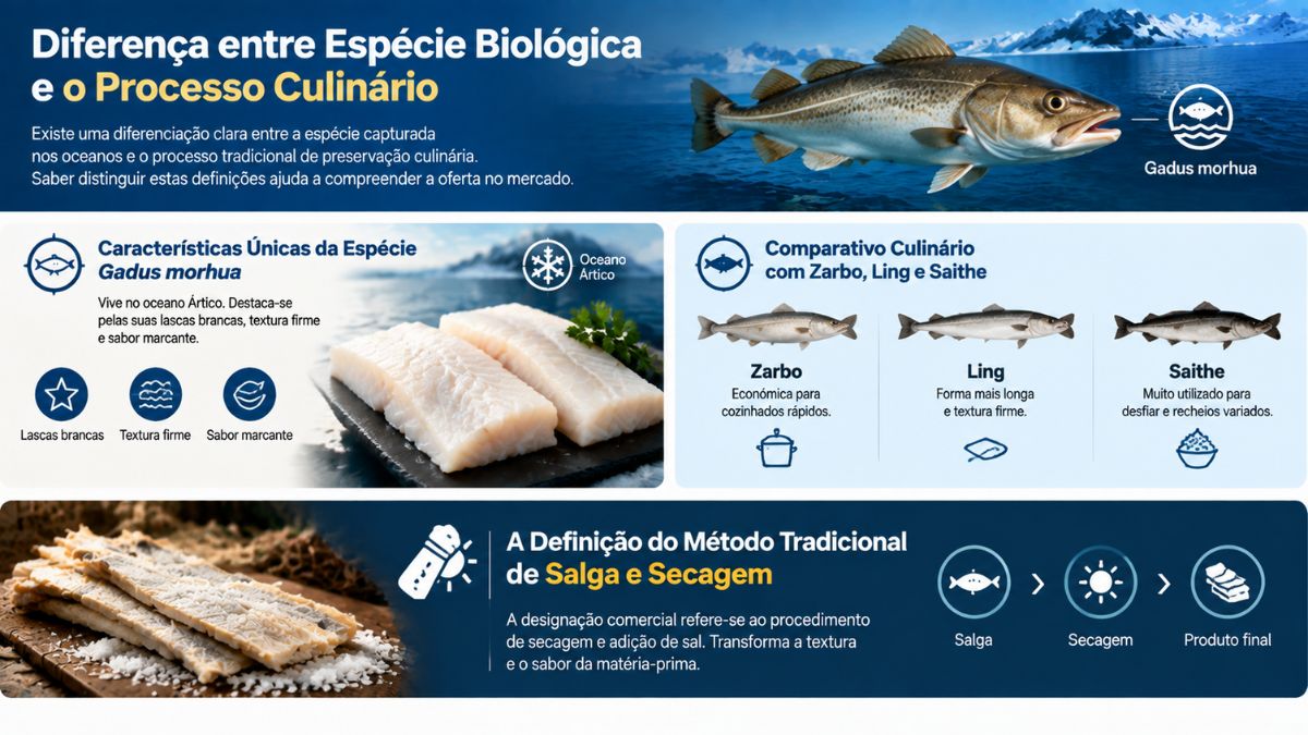 Infográfico comparativo sobre o peixe Gadus morhua e o processo culinário de salga e secagem, apresentando também espécies como Zarbo, Ling e Saithe.