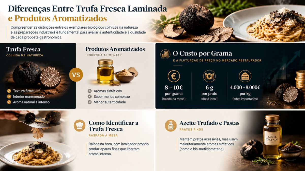 Infográfico comparativo sobre as Diferenças Entre Trufa Fresca Laminada e Produtos Aromatizados mostrando custos por grama, identificação visual e azeite trufado.