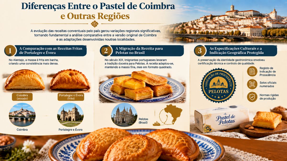 Infográfico comparativo sobre as diferenças do pastel de Santa Clara de Coimbra frente às versões de Portalegre, Évora e Pelotas.