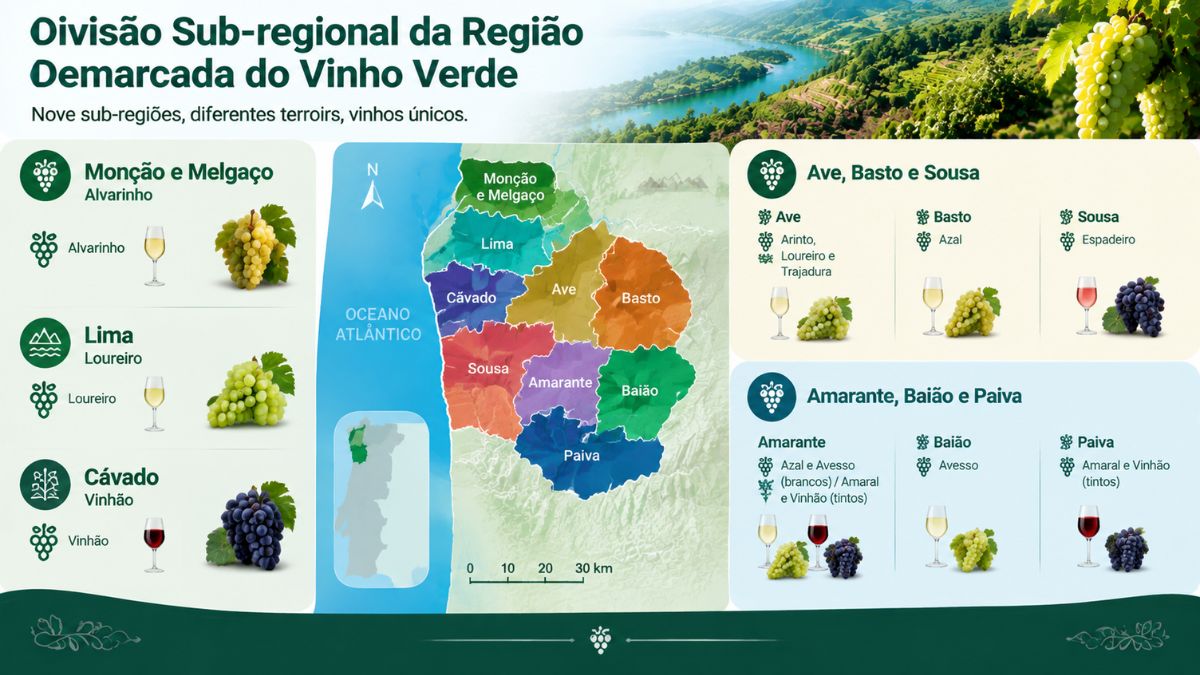 Infográfico com mapa colorido das nove sub regiões da Região Demarcada do Vinho Verde e suas castas principais.