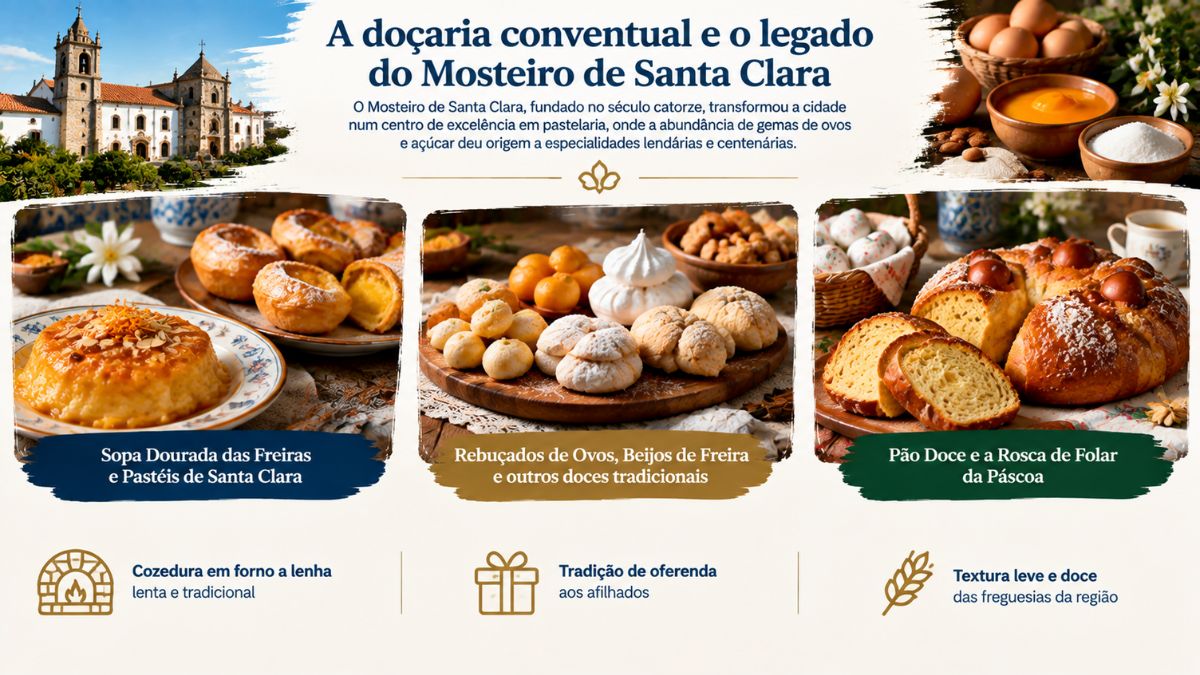 Infográfico da doçaria conventual de Vila do Conde com três cartões ilustrando a sopa dourada com pastéis de Santa Clara, rebuçados de ovos com beijos de freira e o pão doce com rosca de folar da Páscoa.
