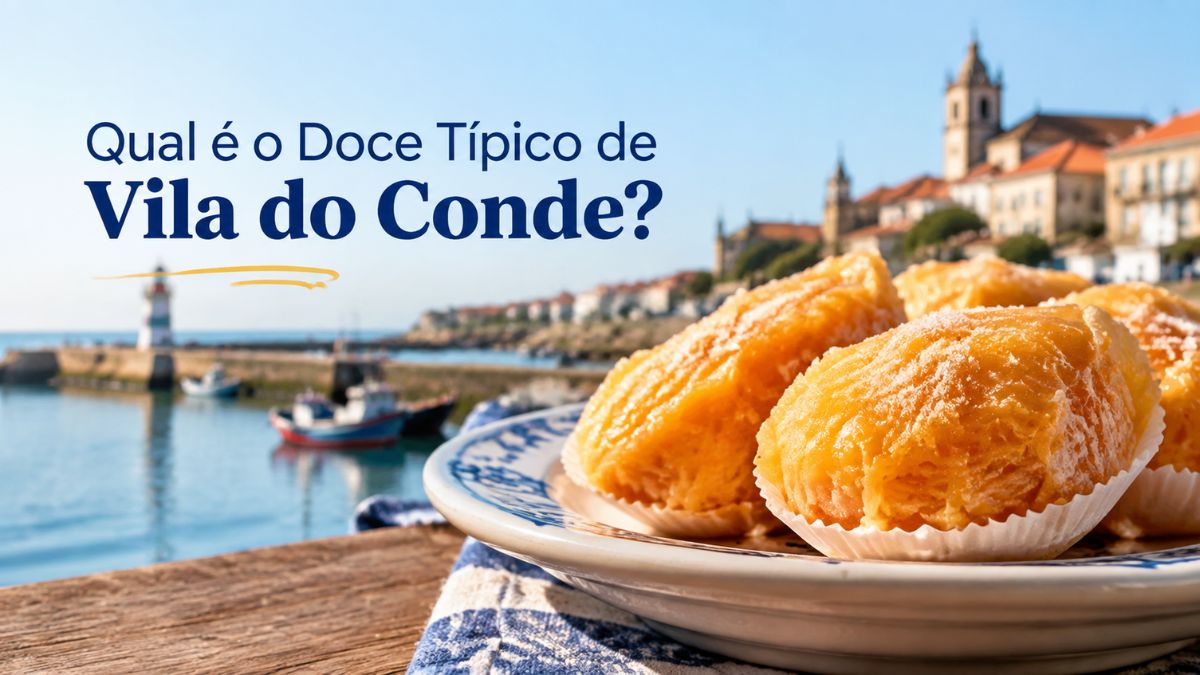Prato com Pastéis de Santa Clara em destaque, a doçaria conventual típica de Vila do Conde, com a paisagem costeira ao fundo.