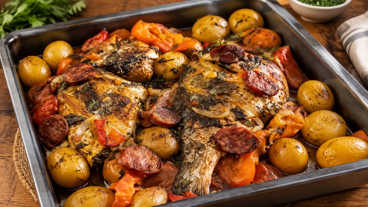 A imagem exibe um tabuleiro retangular de metal com dourada assada no forno sobre uma mesa de madeira. O peixe apresenta pele dourada e bem temperada com ervas finas e rodelas de chouriço por cima. Ao redor do peixe, encontram-se batatas assadas inteiras com pele, pedaços de tomate maduro e tiras de pimento. No canto superior esquerdo, sobressaem ramos de salsa fresca e, no canto superior direito, vê-se uma pequena taça com ervas picadas e um pano de cozinha dobrado.