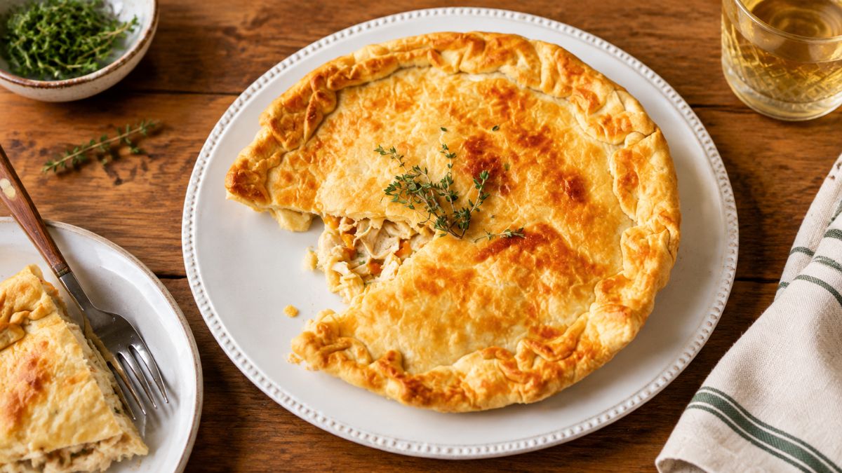 Fotografia de uma empada de bacalhau tradicional portuguesa, dourada e crocante, servida num prato de cerâmica branco numa mesa de madeira rústica, com um recheio cremoso visível onde uma fatia foi removida, decorada com tomilho fresco e acompanhada por um copo de vinho branco.
