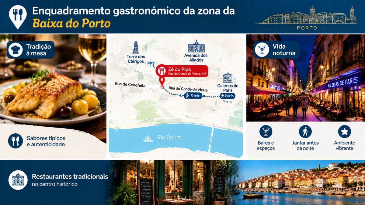 Infográfico sobre a tradição gastronómica e vida noturna no enquadramento do restaurante Zé do Pipo no centro da Baixa do Porto.