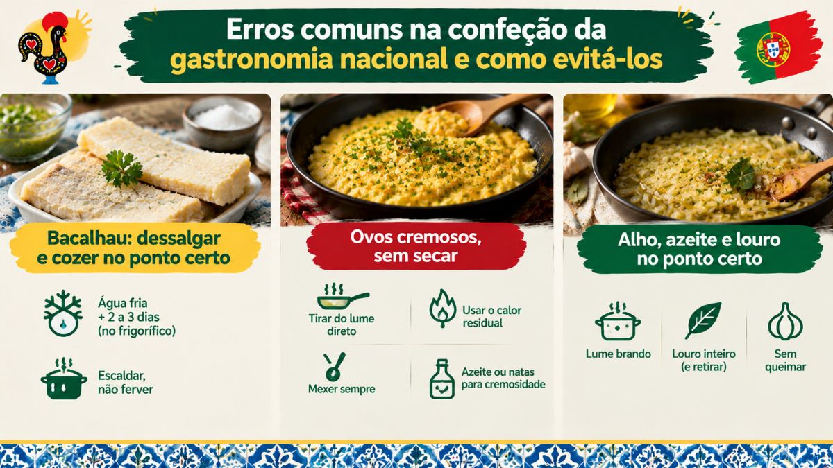 Infográfico com técnicas de culinária para dessalgar bacalhau, preparar ovos cremosos e fazer o refogado tradicional com alho, azeite e louro sem queimar.